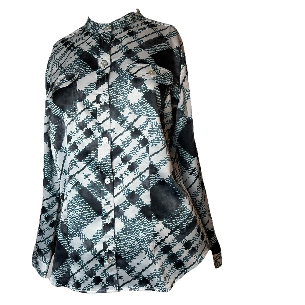 Chico's Mandarin Collar Silky Feel Black Emerald Green Print Shirt Sz 1 Medium - Picture 1 of 14